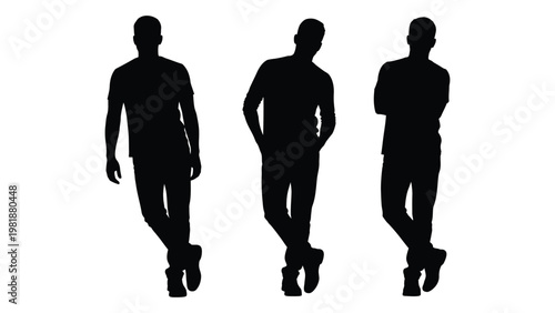 Three male silhouettes stand against a stark white background presenting a modern and minimalist aesthetic