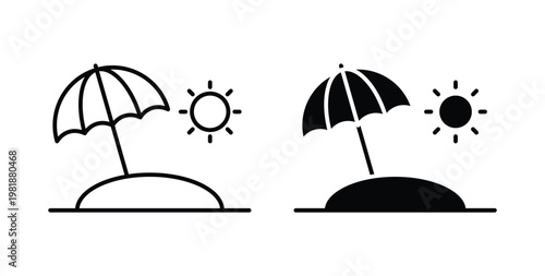 Beach icon in black and white color. Solid and linear icons