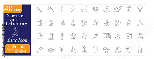 Science and Laboratory Icons Set, Experiment, Research Lab, Microscope, Chemical Analysis, Scientific Equipment, Innovation, Editable Stroke Vector Illustration.