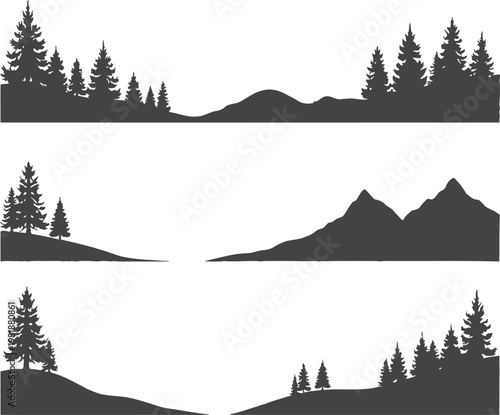 Black silhouettes of mountains and pine trees on white background