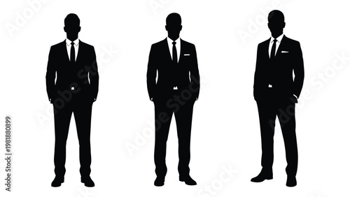 Three silhouetted men in business suits stand facing forward against a white background