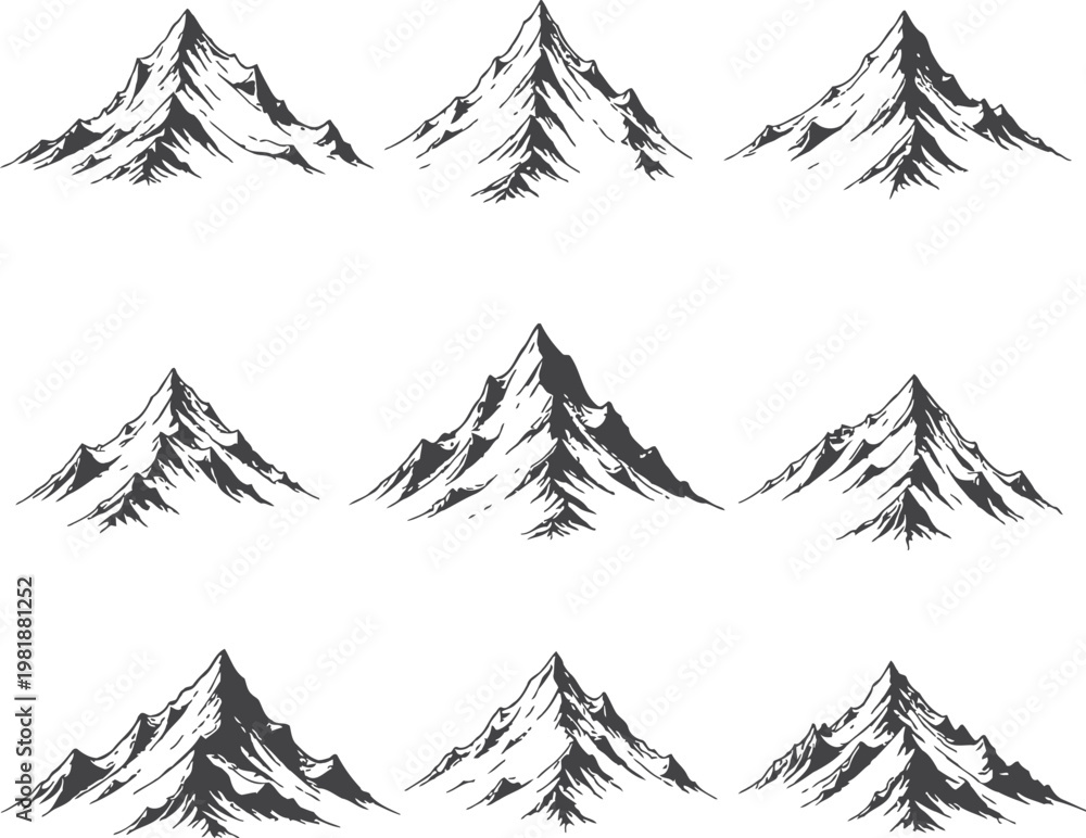 Obraz premium Nine black and white mountain peaks on white background