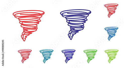 Tornado Swirls Icons Set: Red, Blue, Green, Yellow - Weather Symbols