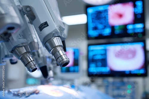 Robotic surgery machine arm in operating room. Modern medical technology equipment with blurred monitors in background. Precision healthcare concept