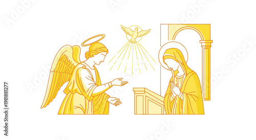 Annunciation: Angel Gabriel Visits Virgin Mary, Holy Spirit Dove, Divine Light, Religious Art
