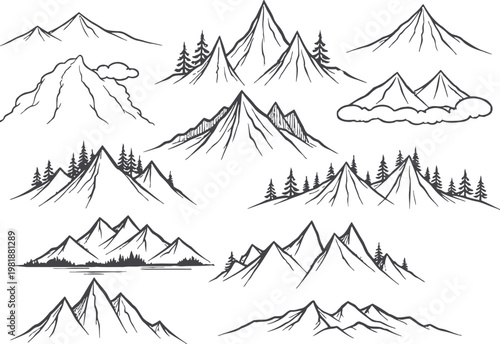 Black and white mountain range illustrations with trees and water