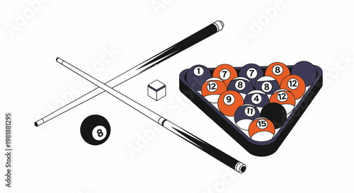 Billiard Balls in Rack with Cues and Chalk - Pool Game Setup