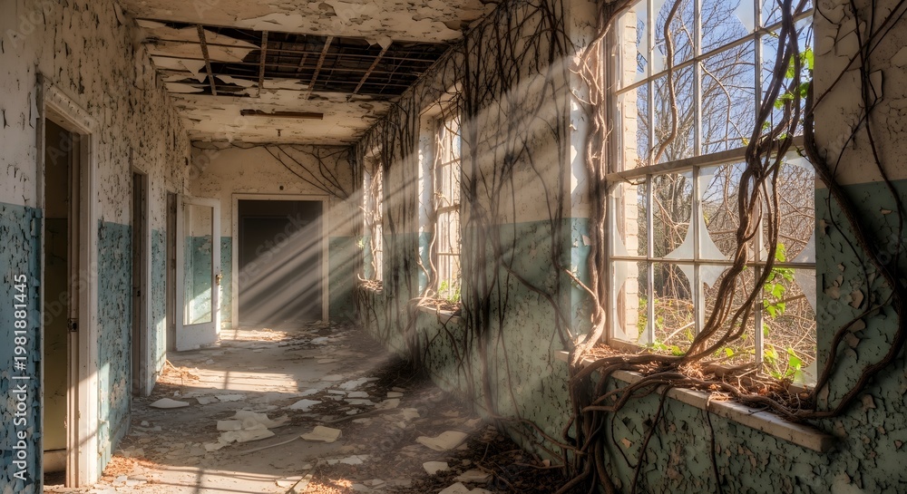 Fototapeta premium Abandoned Hallway with Sunbeams, Vines, and Peeling Paint