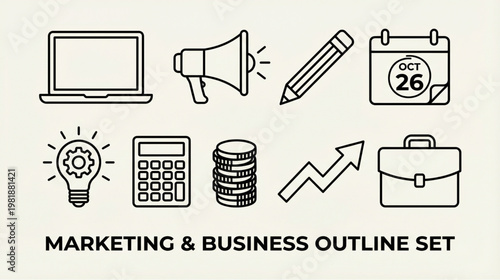 Marketing and Business Outline Icon Set. Minimalist Vector Illustrations of Laptop, Megaphone, Pencil, Calendar, Idea Bulb, Calculator, Coins, Growth Graph, and Briefcase.