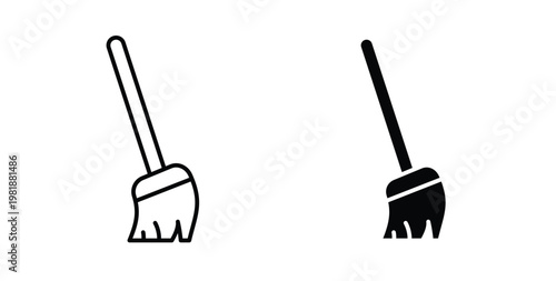 Broom icon in black and white color. Solid and linear icons