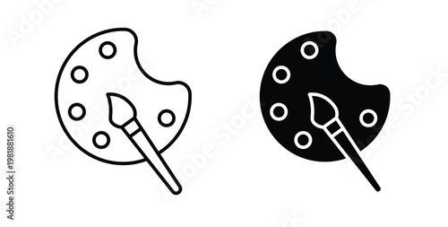 Brush and Palette icon in black and white color. Solid and linear icons