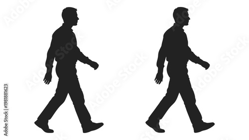 Two silhouettes of men walking in the same pose facing towards the right side