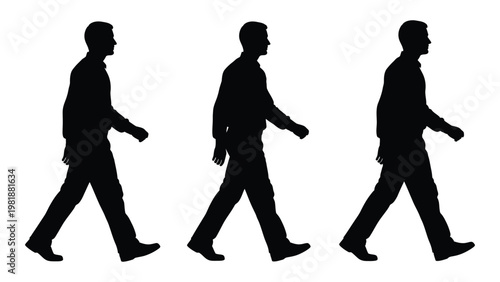A sequence of three identical silhouetted men walking forward depicting motion and repetition