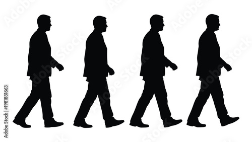Four silhouetted businessmen are depicted walking in a linear progression from left to right