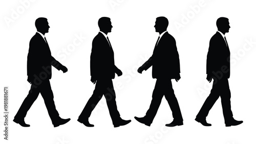 Four silhouettes of businessmen walking in the same direction suggesting teamwork and forward motion