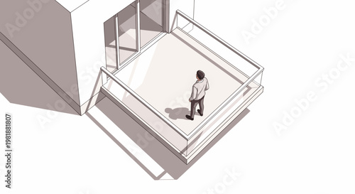 Man standing on a modern balcony with glass railing, overlooking a minimalist architectural space with shadows