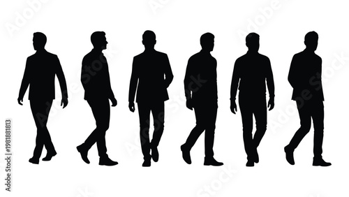 A row of six silhouetted men each in a suit and walking with varying postures