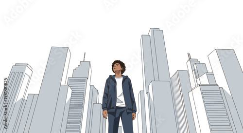 Young person looking up at towering skyscrapers in a modern city, symbolizing ambition and future possibilities