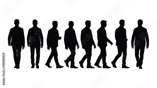 A row of silhouetted figures all appearing as men in suits walking in a similar direction