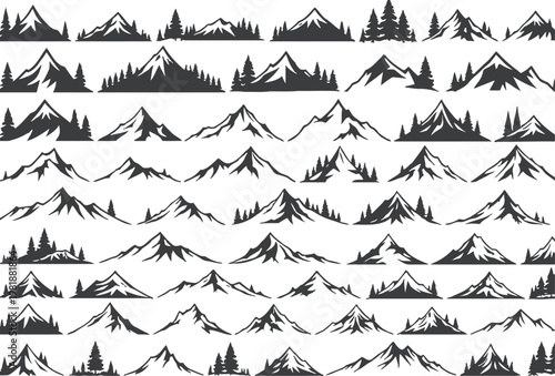 Collection of various mountain ranges in black silhouette on white background