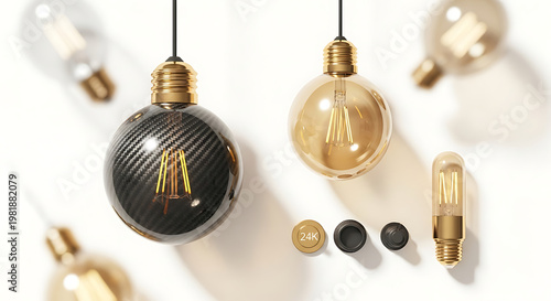 Set of Edison style light bulbs with carbon fiber and gold finishes, vintage design, studio lighting with soft shadows, idea and innovation concept