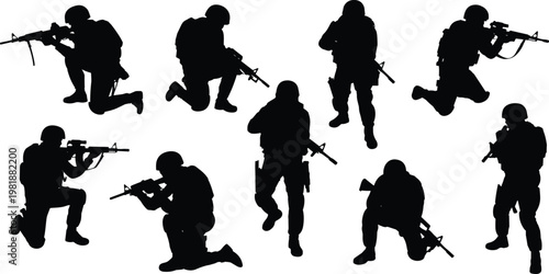 Silhouette illustration of armed soldiers in tactical combat positions, showcasing military readiness, battlefield strategy, teamwork, and defense preparedness.