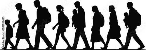 Silhouette illustration of people walking migration journey, family displacement, refugees carrying belongings, unity, travel movement, humanitarian concept, collective struggle
