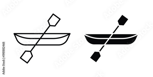 Canoe icon in black and white color. Solid and linear icons