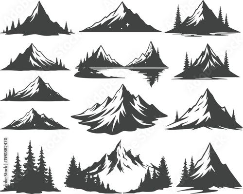 Black and white mountain range landscape silhouettes with trees