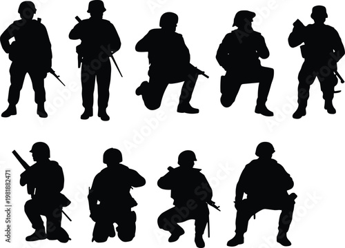 Silhouette illustration of soldiers in diverse combat stances, showcasing tactical readiness, discipline, battlefield awareness, military gear, and defense posture.