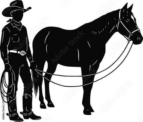 A cowboy stands beside a horse with a rope in hand.