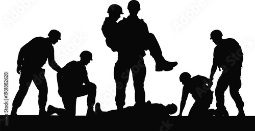 Silhouette illustration of soldiers providing rescue assistance, teamwork, and battlefield aid, symbolizing humanitarian military support and emergency cooperation.