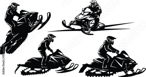 A black and white illustration of snowmobilers in action on a plain background