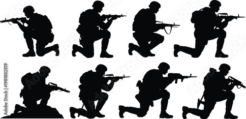 Silhouette illustration of soldiers tactical combat stances, military readiness, armed comrades aiming rifles, battlefield training, unity, defense, war preparation