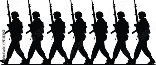 Silhouette of marching soldiers carrying rifles in disciplined formation, military unity teamwork concept, black vector illustration for stock content