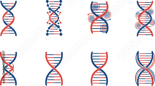 DNA Strand Icon Set with Intertwined Helix Patterns, Molecular Structure, and Genetic Science Symbols for Biotechnology, Medical, and Research Designs