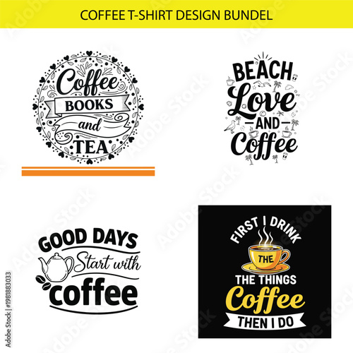 Collection of four graphic t shirt designs featuring coffee books beach themes