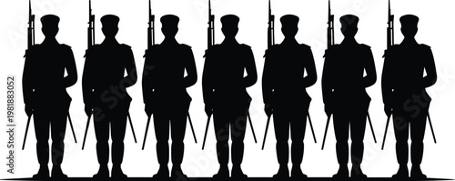 Silhouette of soldiers standing in ceremonial guard formation holding rifles upright, military discipline vector illustration emphasizing unity and symmetry