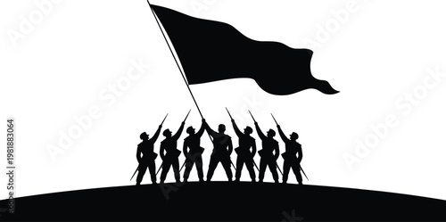 Silhouette of united soldiers raising flag on hilltop symbolizing teamwork, patriotism, victory, unity, triumph, and national pride illustration