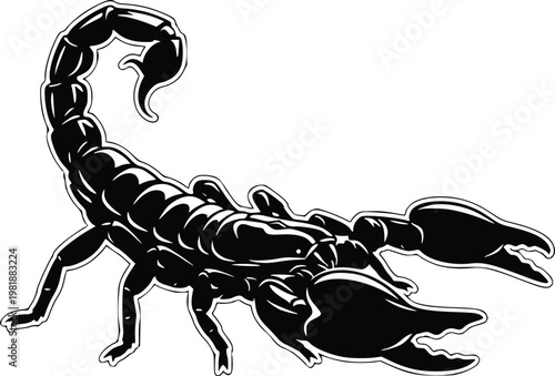 A black scorpion with a curved tail on a white background