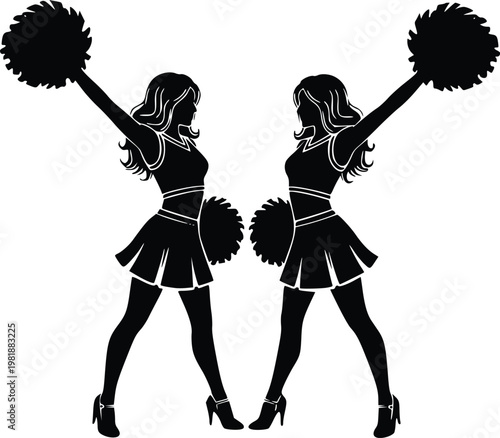 Two cheerleaders in black silhouette performing a synchronized dance routine