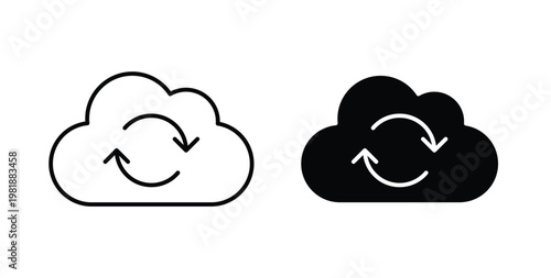 Cloud sync icon in black and white color. Solid and linear icons