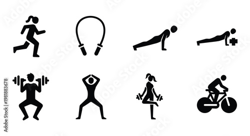 Fitness and workout icon set, 8 black gym exercise vector pictograms, athletic training symbols for sports apps and health infographics