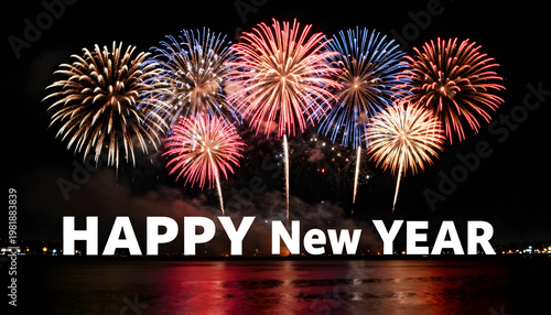 happy new year, new year, festival, greeting card, new year card long panorama - fireworks firework pyrotechnic pyrotechnics, on black night sky background 