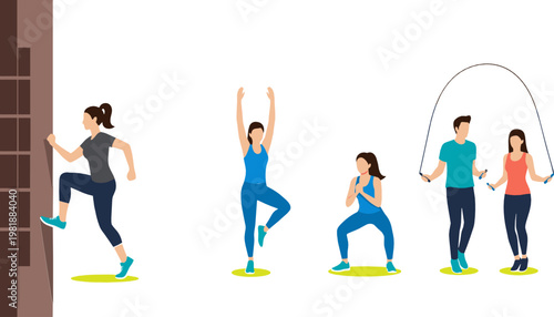 Fitness Workout Set with People Doing Exercises Including Running, Squats, Yoga and Jump Rope for Training, Health and Active Lifestyle Illustration
