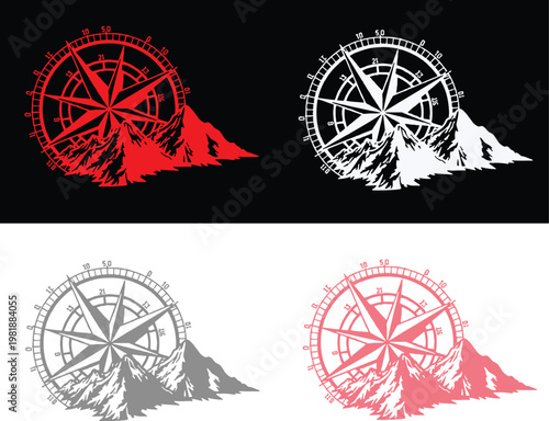 Colorful illustrations of compass with mountains in various design styles
