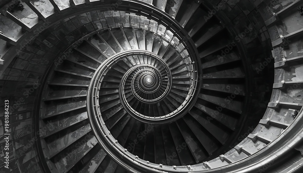 Fototapeta premium A dramatic black and white overhead view of an old winding spiral staircase creating a captivating abstract architectural pattern.
