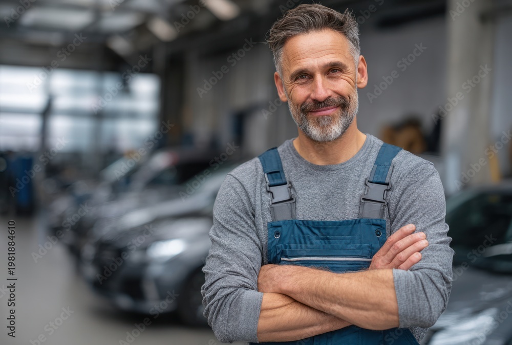 Obraz premium Smiling male mechanic with short gray hair and beard in blue overalls standing confidently with arms crossed in an automotive repair garage