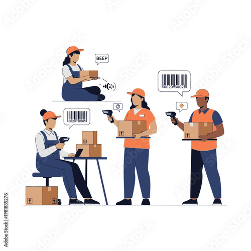 Warehouse workers scanning barcodes and sorting packages.