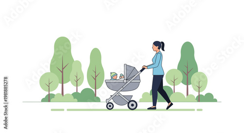 Parent pushing baby stroller while walking.